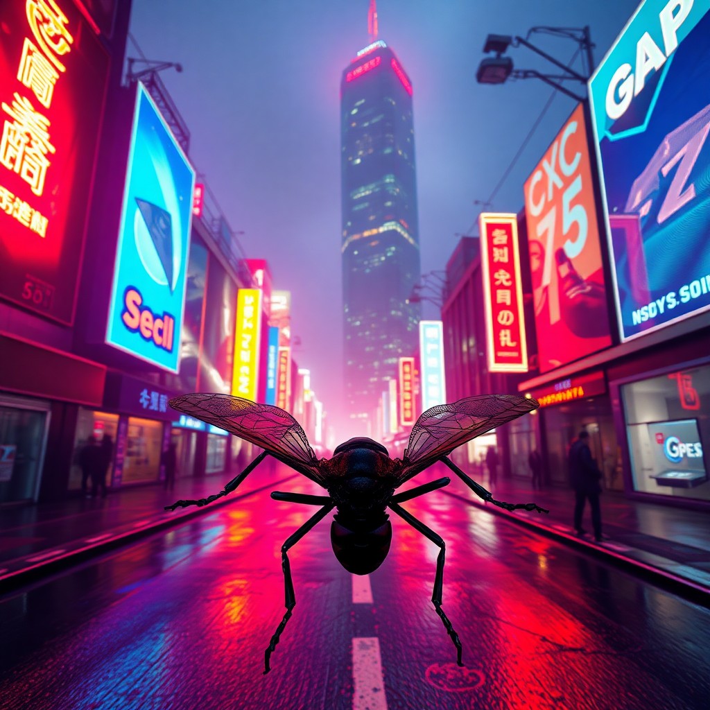 AI generated art for prompt: Envision a captivating digital artwork portraying a lively cyberpunk avenue from a first-person view