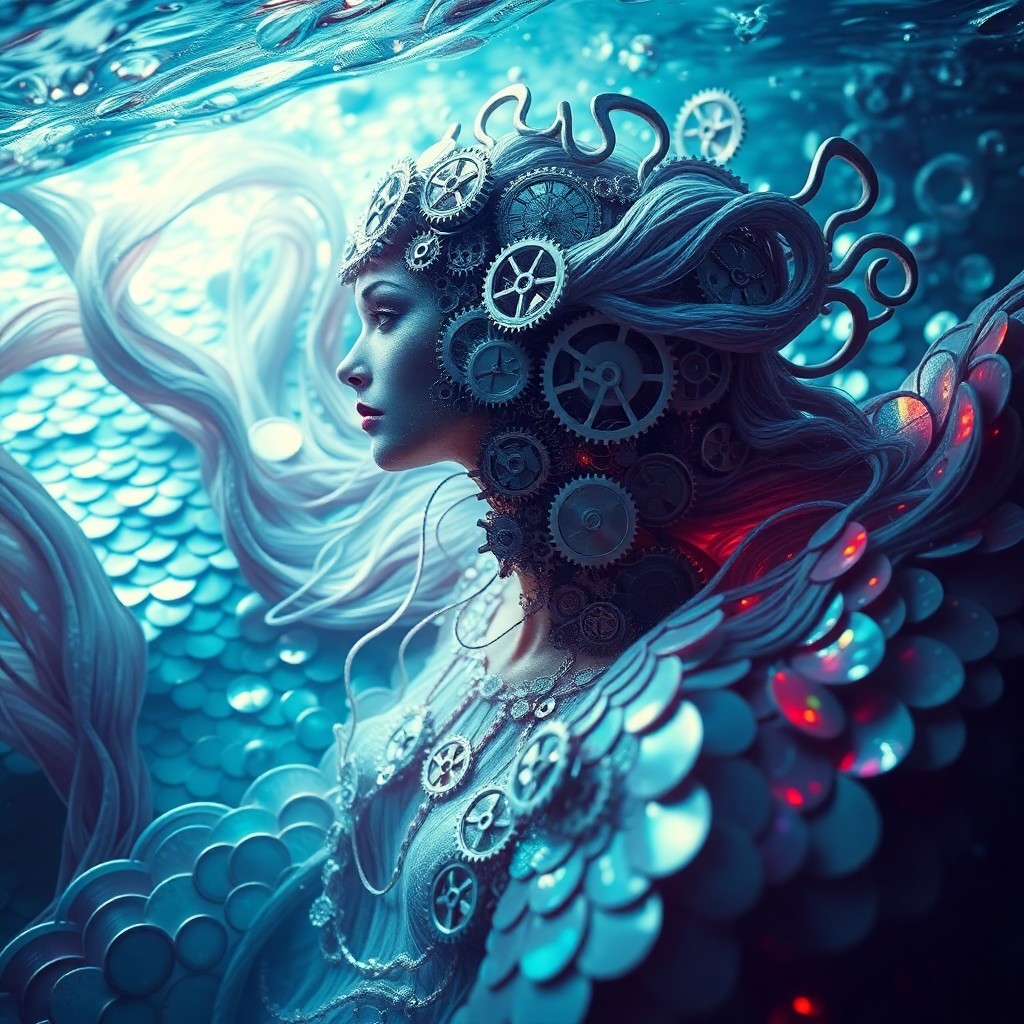 AI generated art for prompt: A surrealistic portrait showcases an enigmatic aquatic figure reminiscent of melting timepieces and 