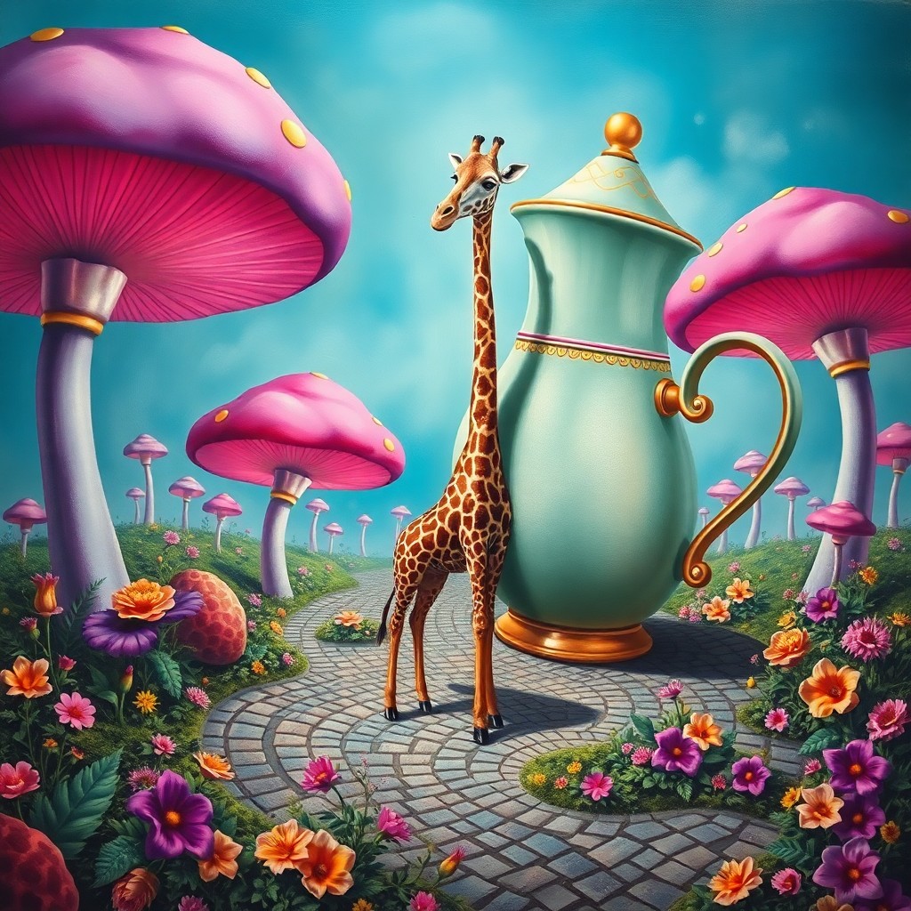 AI generated art for prompt: Visualize an oil painting in the surrealist style, depicting a serene garden with oversized mushroom