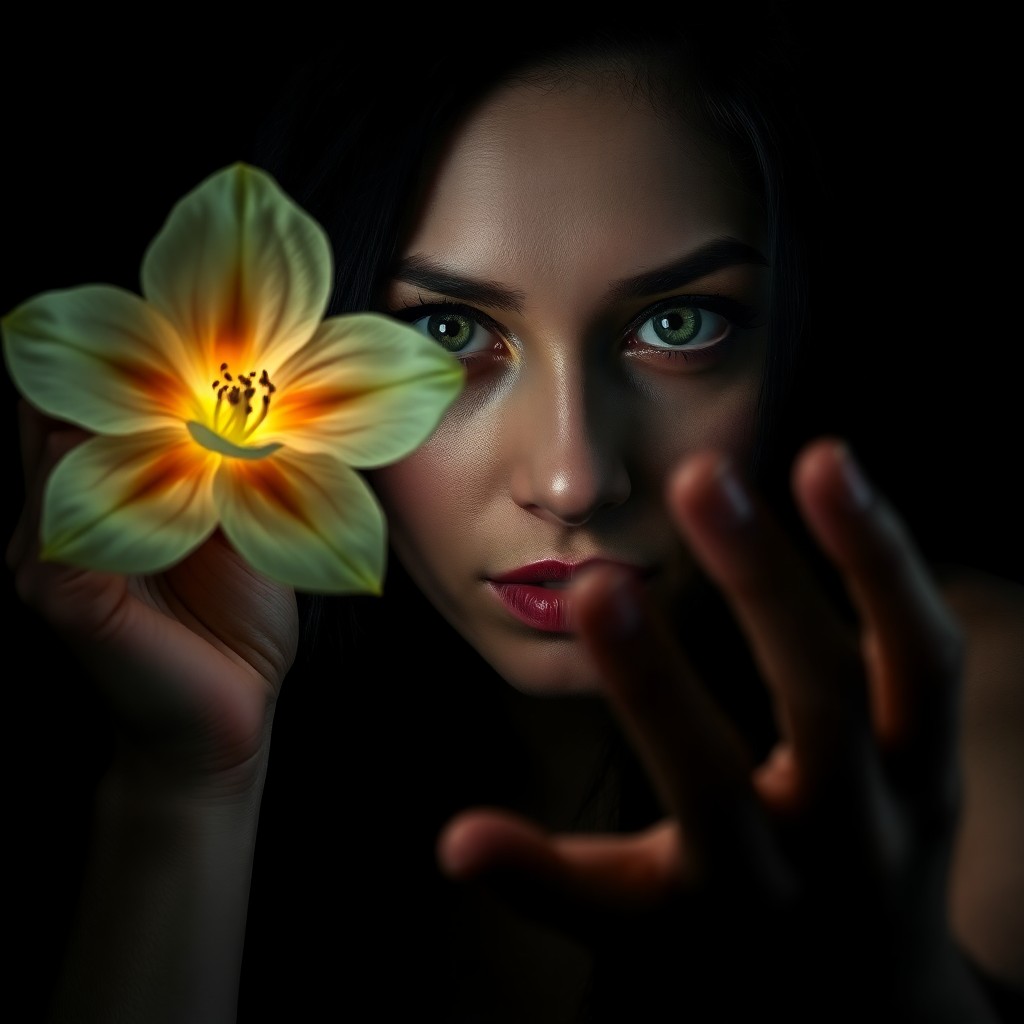 AI generated art for prompt: A captivating portrait in the style of dramatic chiaroscuro, this image showcases an enigmatic woman