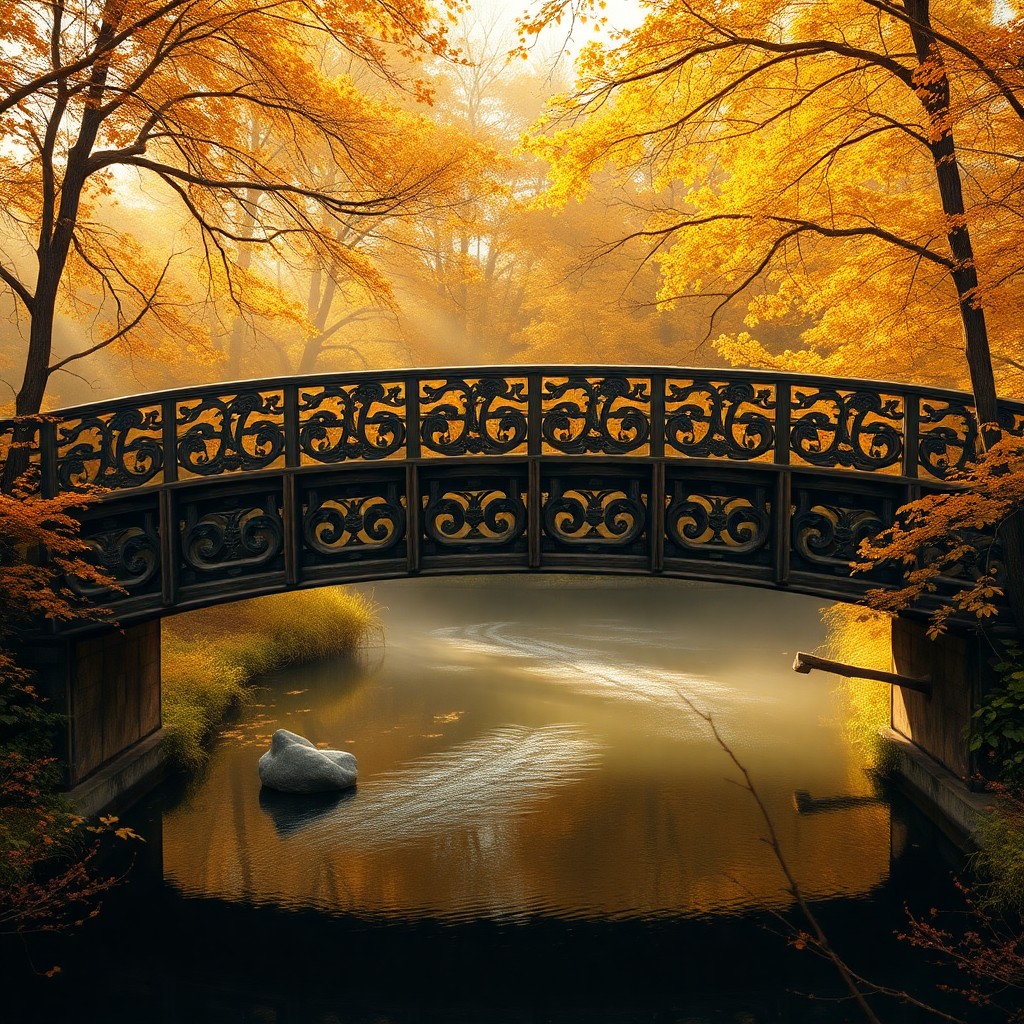 AI generated art for prompt: Imagine an enchanting autumnal tableau where an antique wooden bridge stretches elegantly across a r