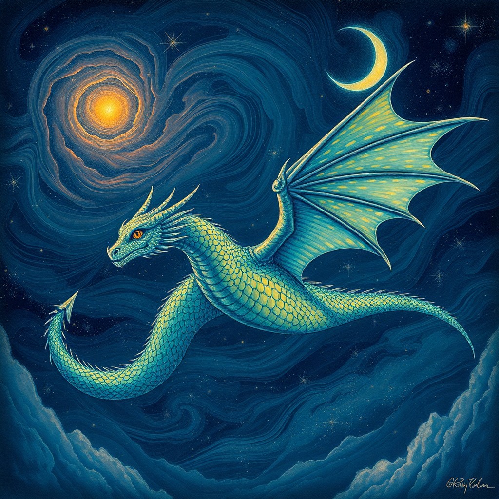 AI generated art for prompt: An awe-inspiring dragon with shimmering scales traverses a celestial canvas, echoing the fluid lines