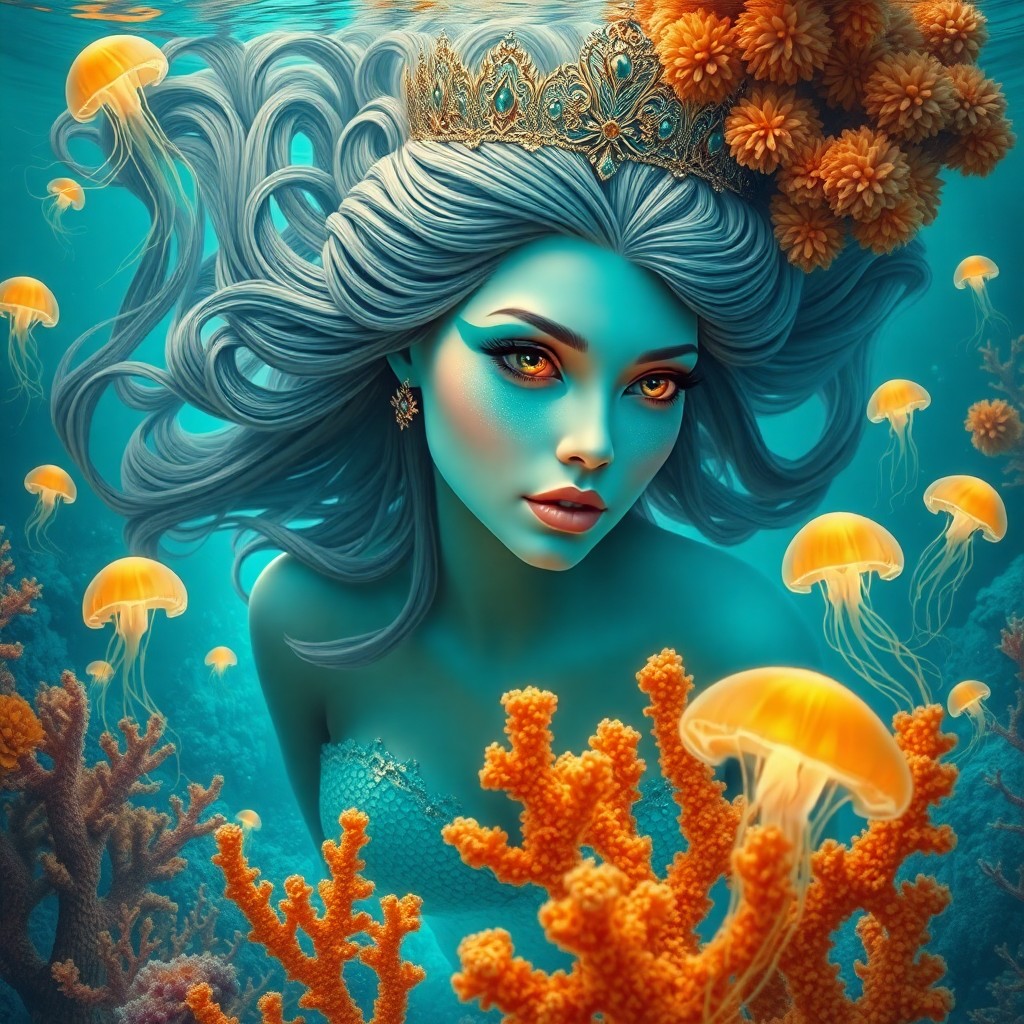 AI generated art for prompt: A surreal underwater scene showcases a regal mermaid with vivid turquoise scales, cascading hair, an