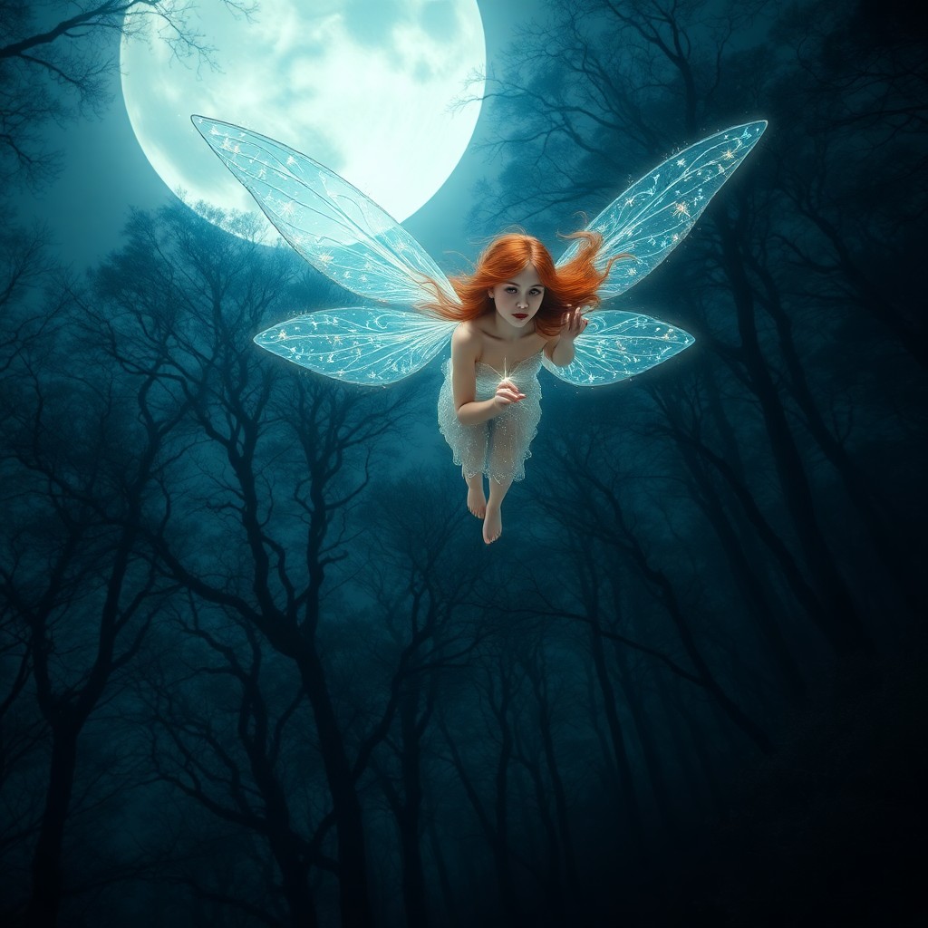 AI generated art for prompt: A mesmerizing digital art portrait captures a celestial fairy with iridescent wings gracefully float