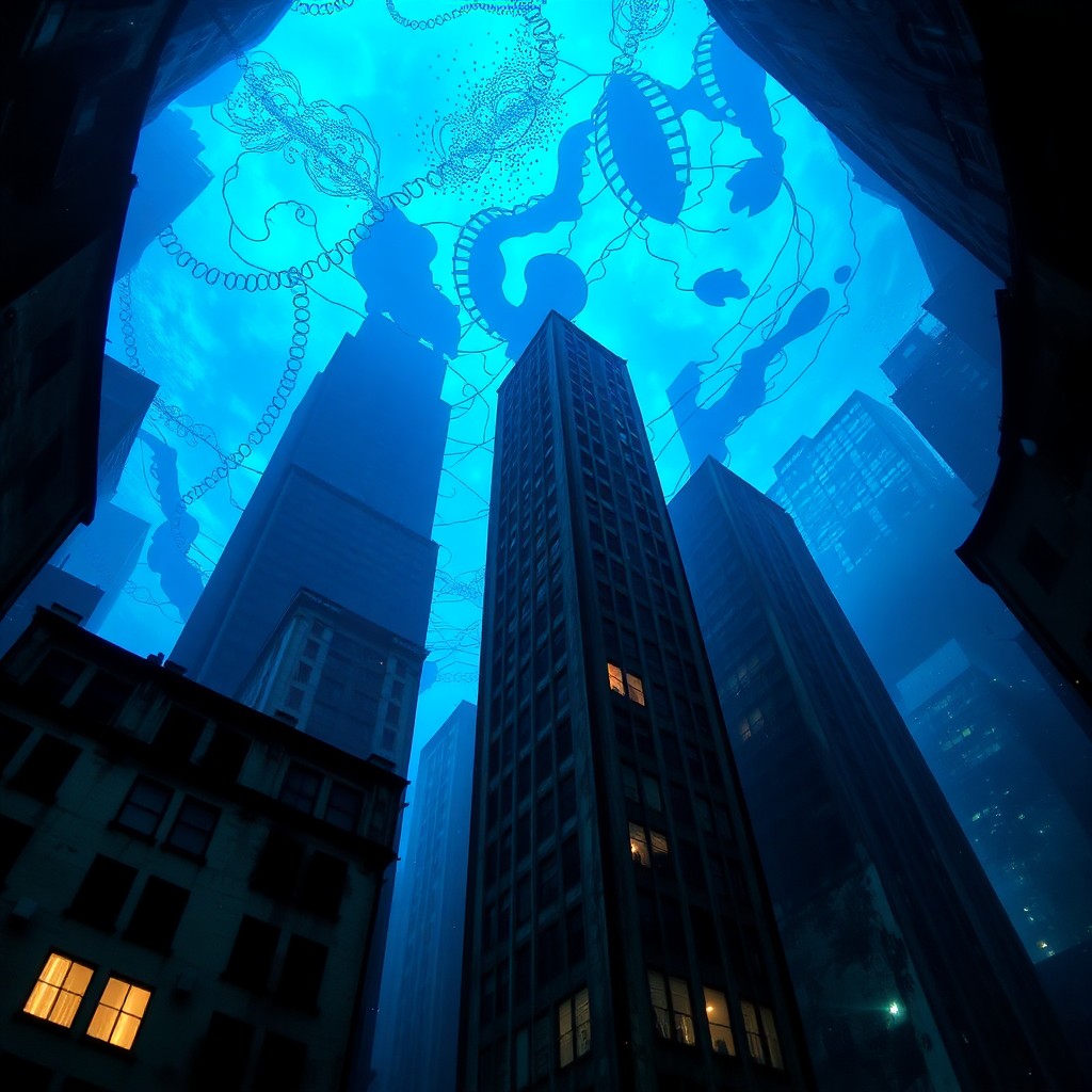 AI generated art for prompt: A diver's perspective unveils an urban landscape submerged in the depths, where buildings stretch up