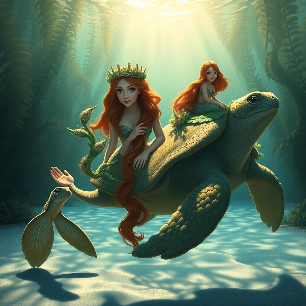 AI generated art for prompt: Depict an idyllic underwater tableau in the captivating manner of Dinotopia, where elegant sirens el