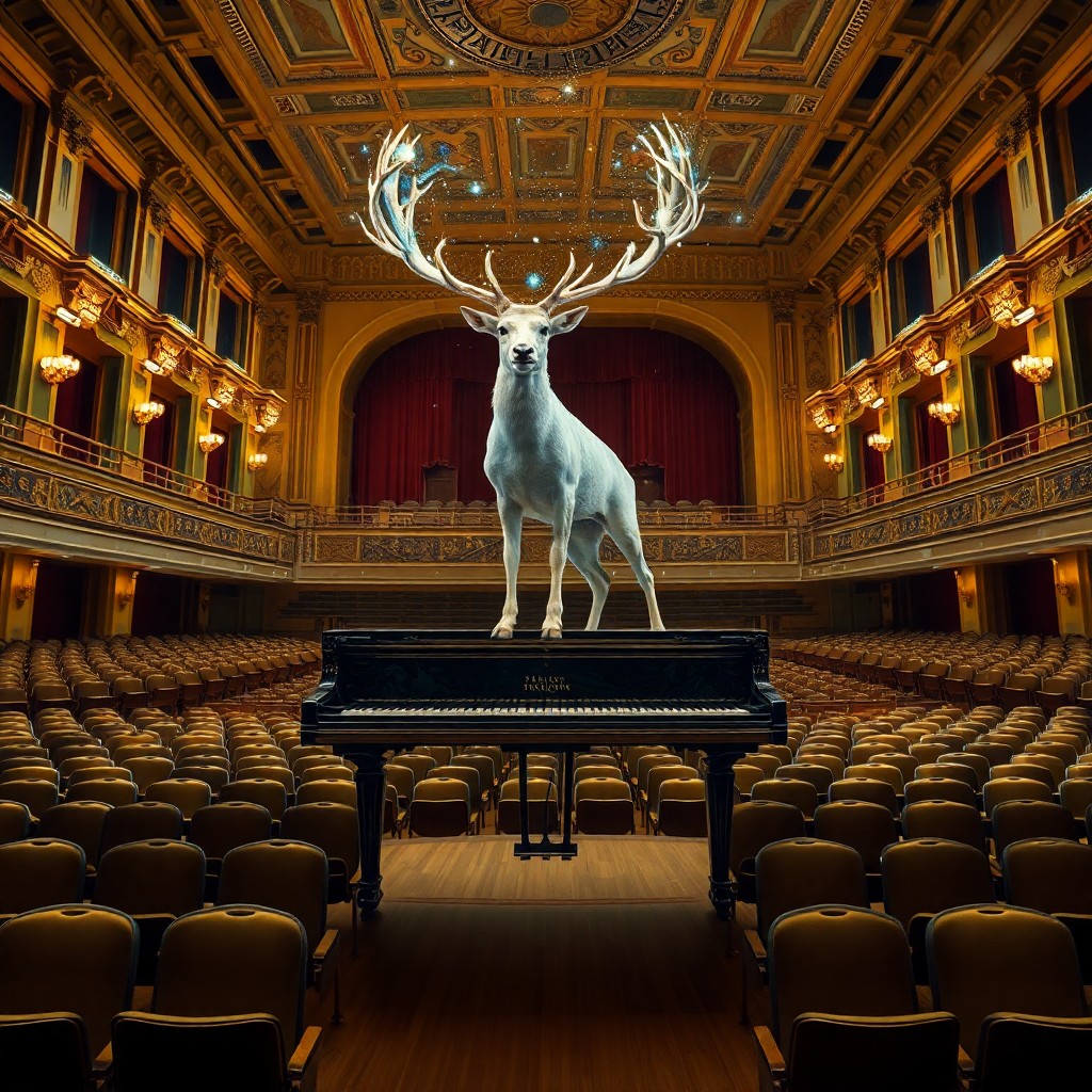 AI generated art for prompt: Imagine a surreal dreamscape featuring a majestic white stag standing proudly atop an ornate piano. 