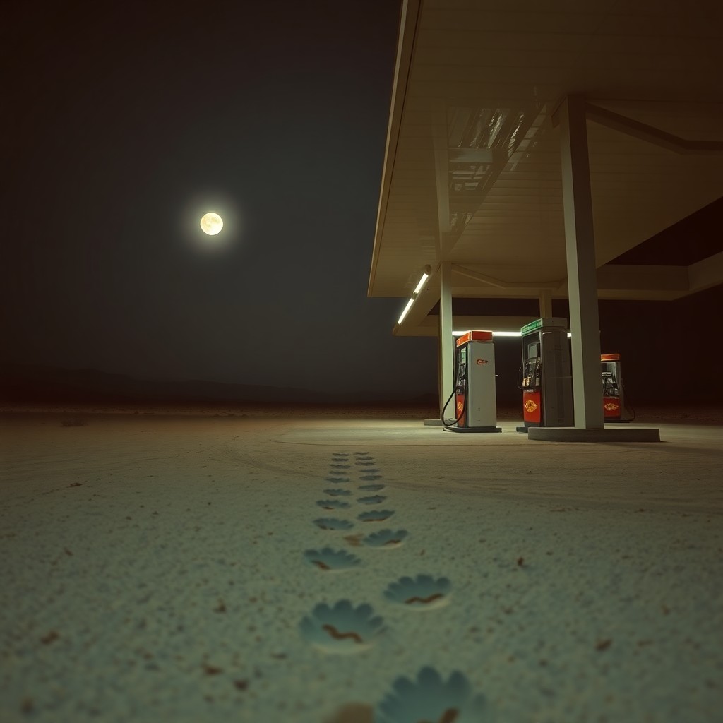 AI generated art for prompt: Imagine a quiet gas station in the midst of an expansive desert, illuminated by the soft glow of moo