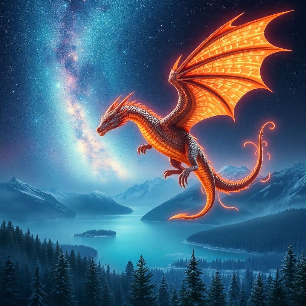 AI generated art for prompt: A digital artwork depicting a magnificent dragon flying gracefully amidst a mesmerizing display of c