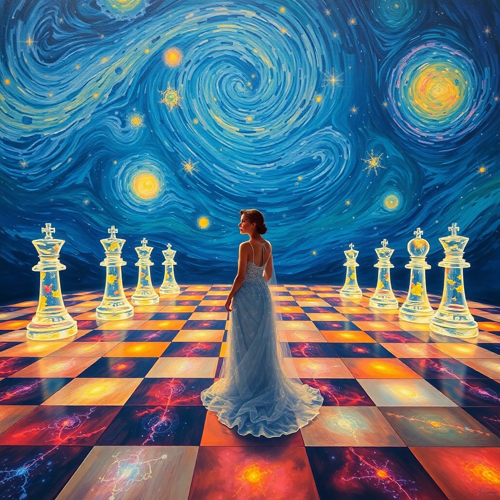 AI generated art for prompt: A surreal oil painting depicting an endless chessboard, where each square pulsates with the light of