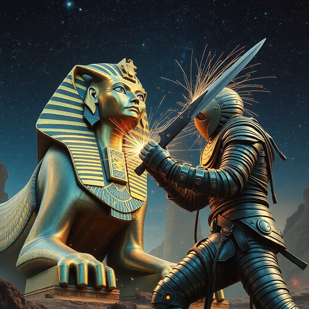 AI generated art for prompt: A mesmerizing digital artwork blends ancient Egyptian mythology with cyberpunk aesthetics in a surre