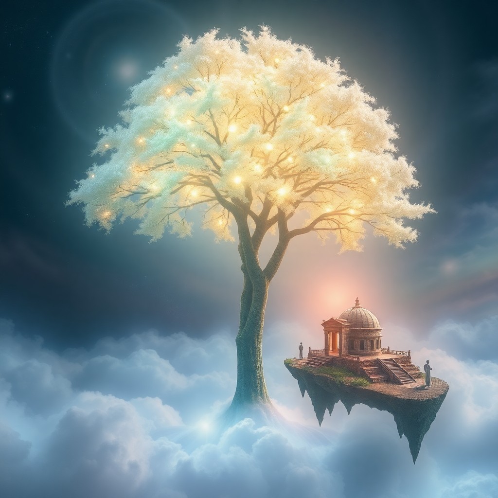 AI generated art for prompt: Imagine a fantastical landscape in an ethereal style, where a majestic tree with luminescent leaves 