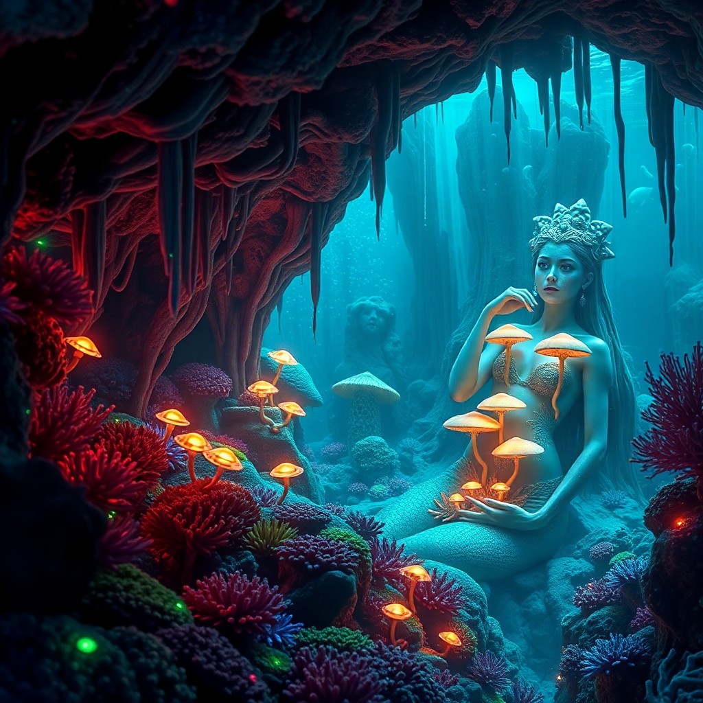 AI generated art for prompt: An image depicting an enchanting underwater realm, reminiscent of Aquaria's mystical world, features