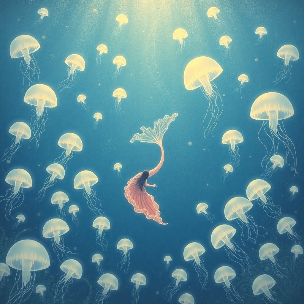 AI generated art for prompt: Craft an idyllic underwater tableau, teeming with ethereal jellyfish in various sizes meandering thr