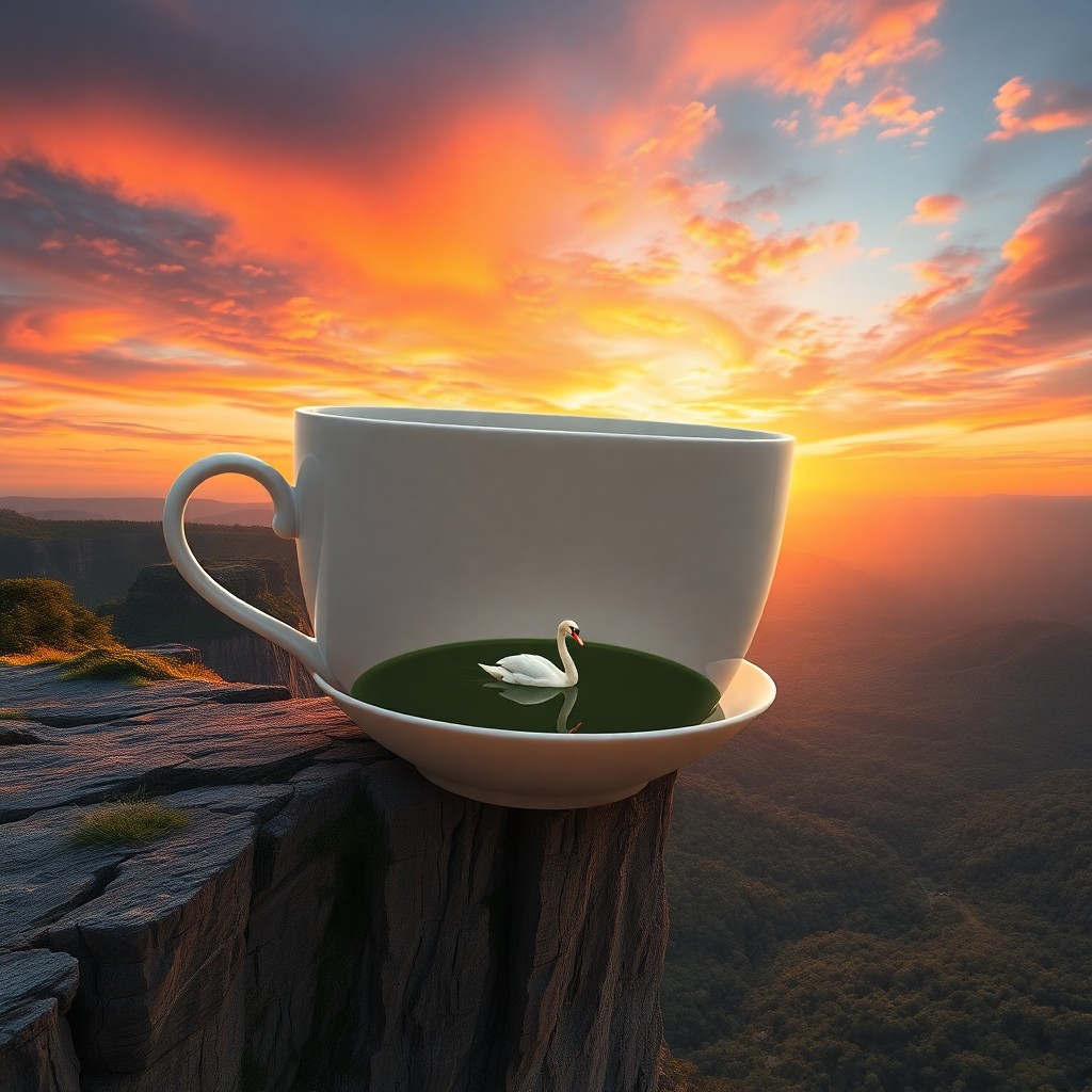 AI generated art for prompt: In a surreal landscape bathed in the warm glow of a vibrant sunset, an oversized teacup precariously