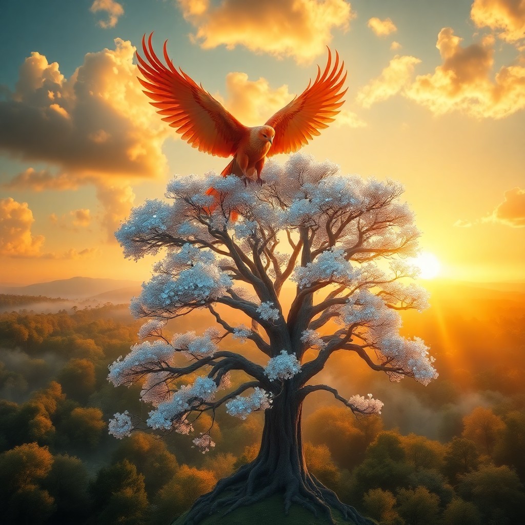 AI generated art for prompt: In this enchanting surrealist landscape, a magnificent phoenix gracefully soars above the dreamlike 