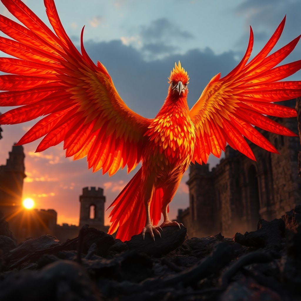 AI generated art for prompt: A resplendent phoenix, its feathers gleaming with radiant hues of gold and crimson, emerges from the