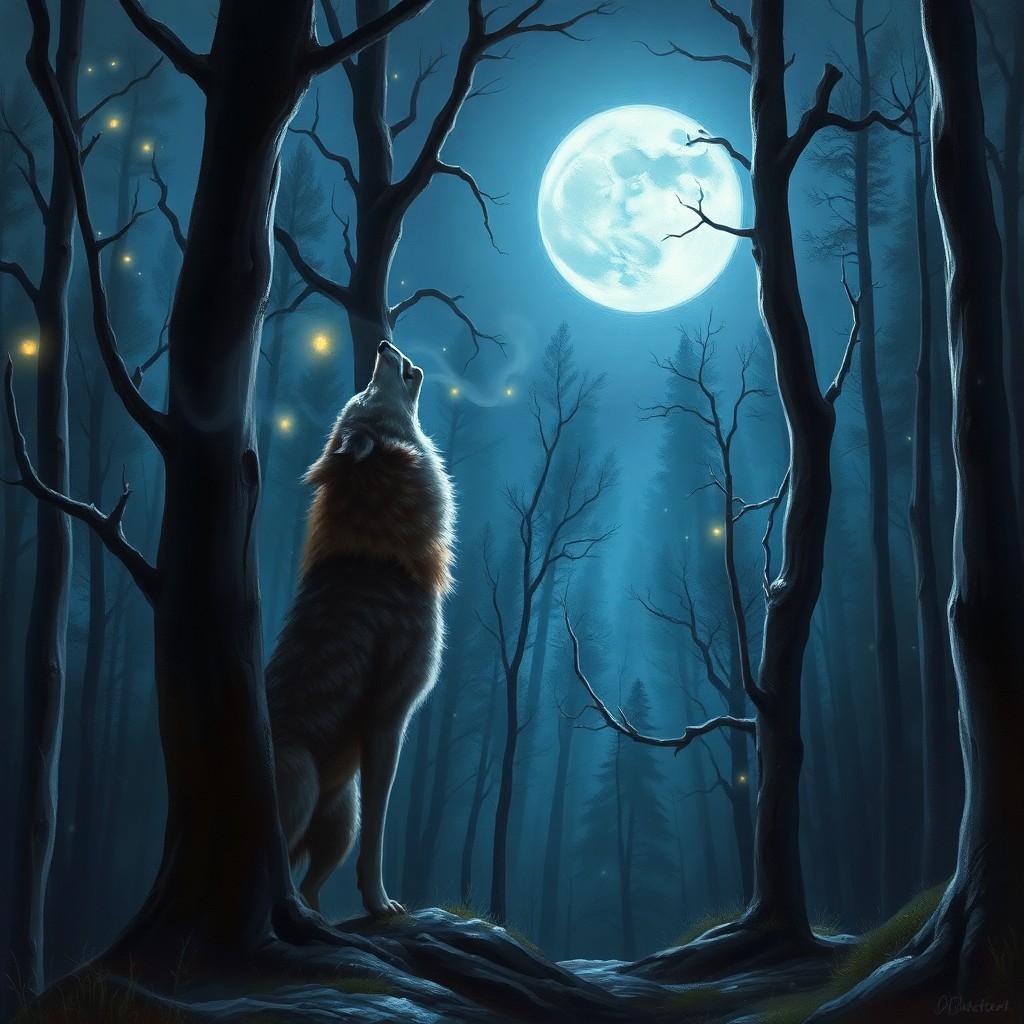 AI generated art for prompt: A captivating digital oil painting captures a tranquil moonlit forest scene from an elevated viewpoi