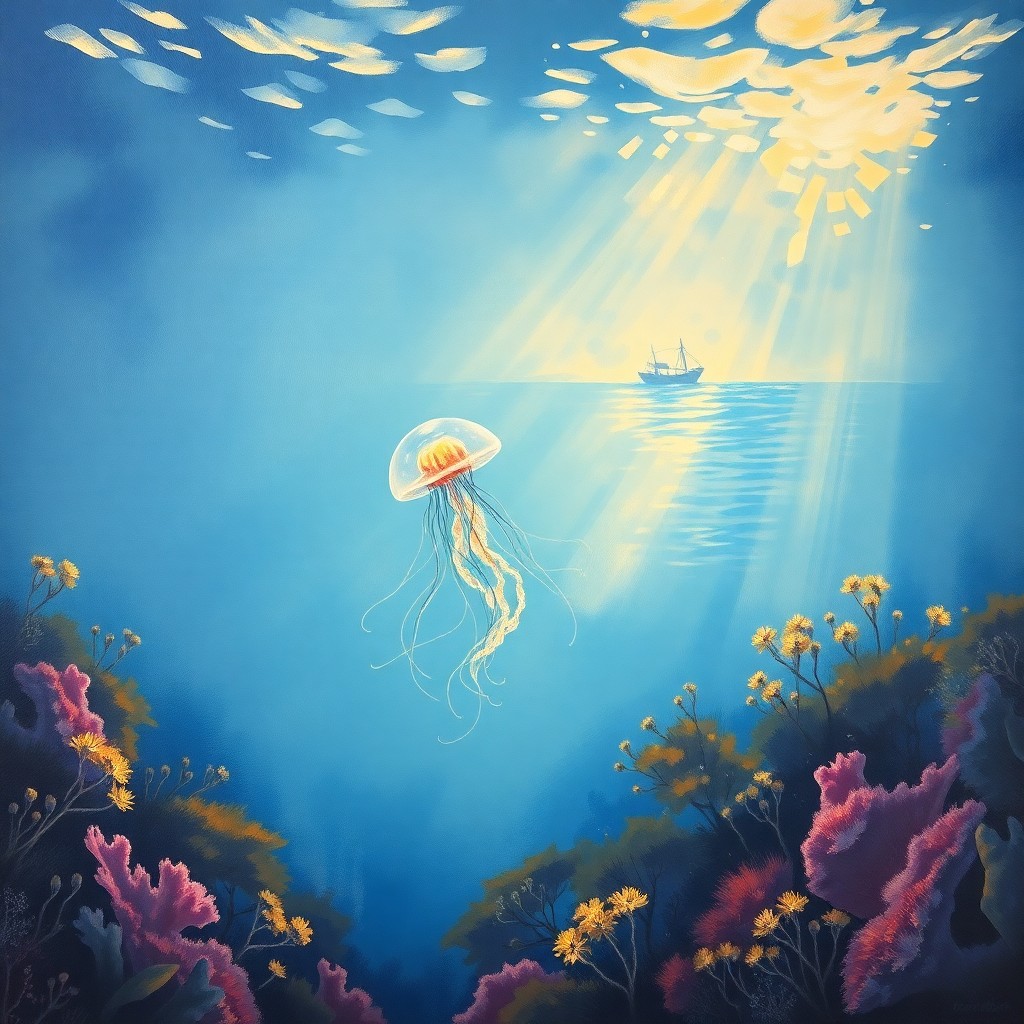 AI generated art for prompt: Depict an impressionistic oil painting of a tranquil underwater world, where a delicate jellyfish gr