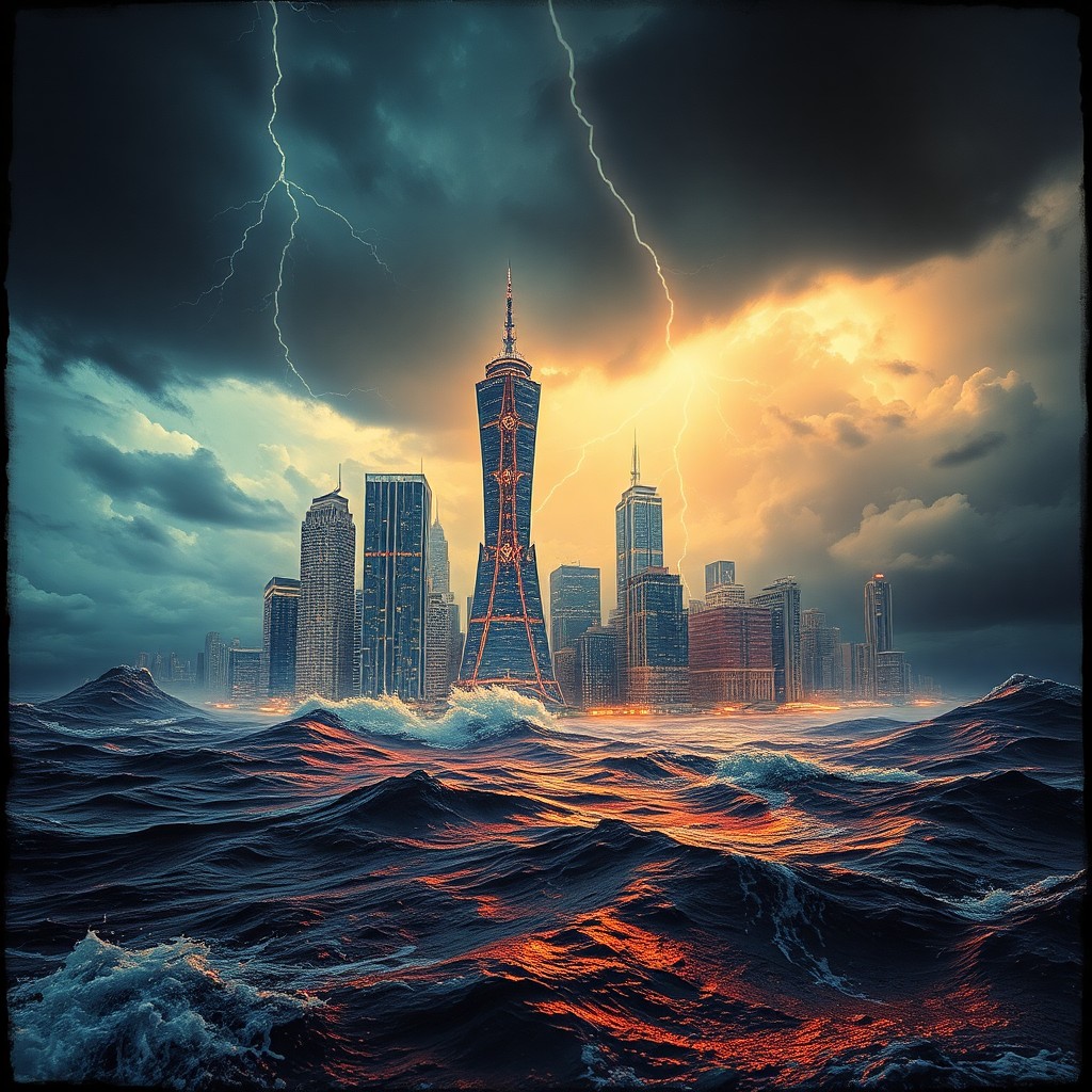 AI generated art for prompt: An urban landscape rises from the tumultuous waters of an ocean during a tempestuous storm, as seen 