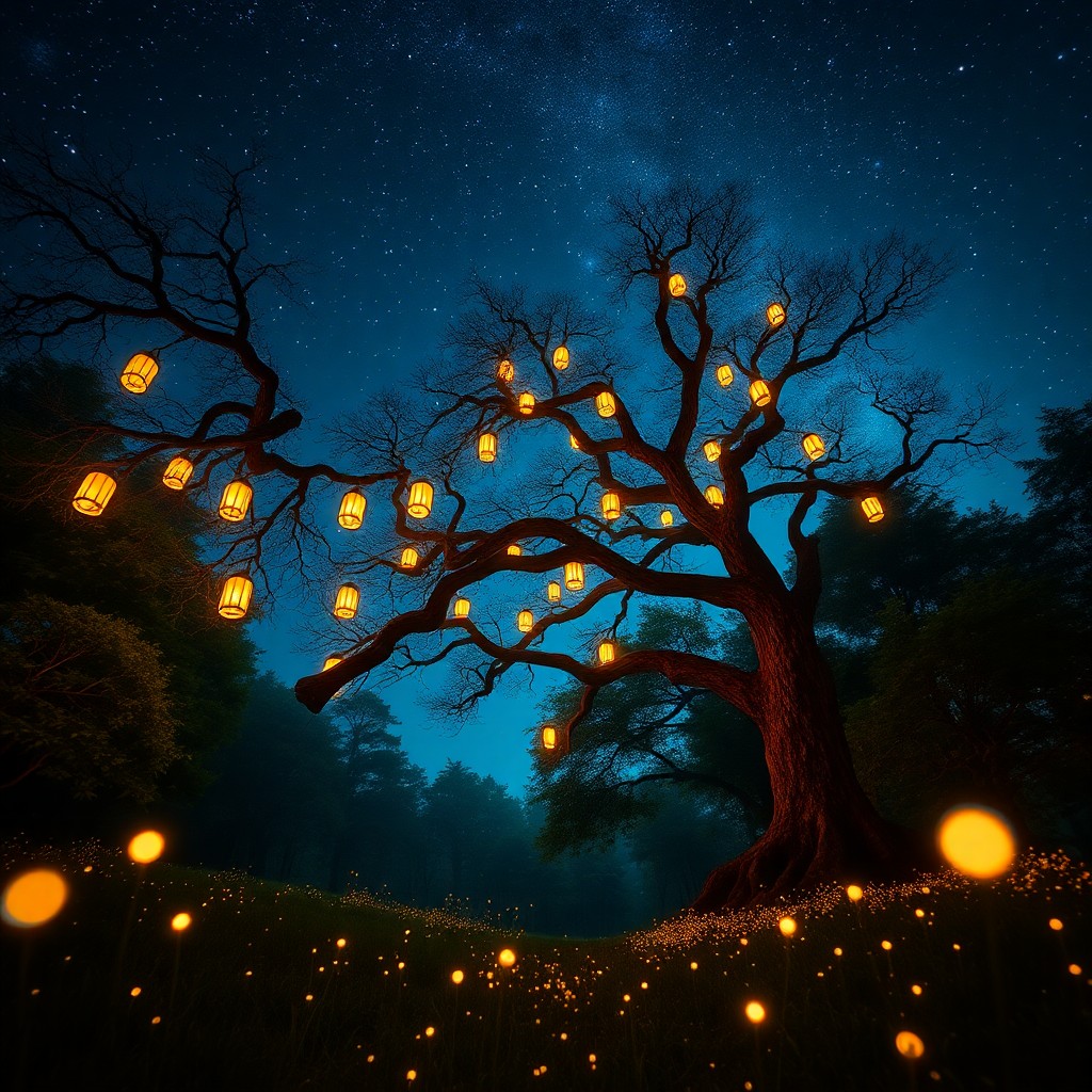 AI generated art for prompt: Imagine an enchanting landscape where a majestic tree reaches towards a starry night sky, its branch