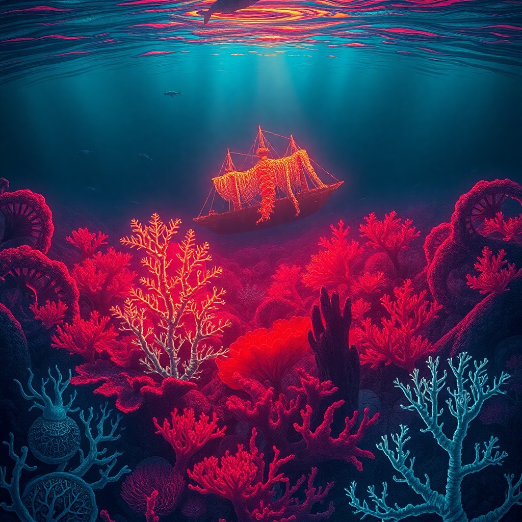 AI generated art for prompt: Visualize an enchanting underwater vista, reminiscent of intricate pen-and-ink illustrations. From a