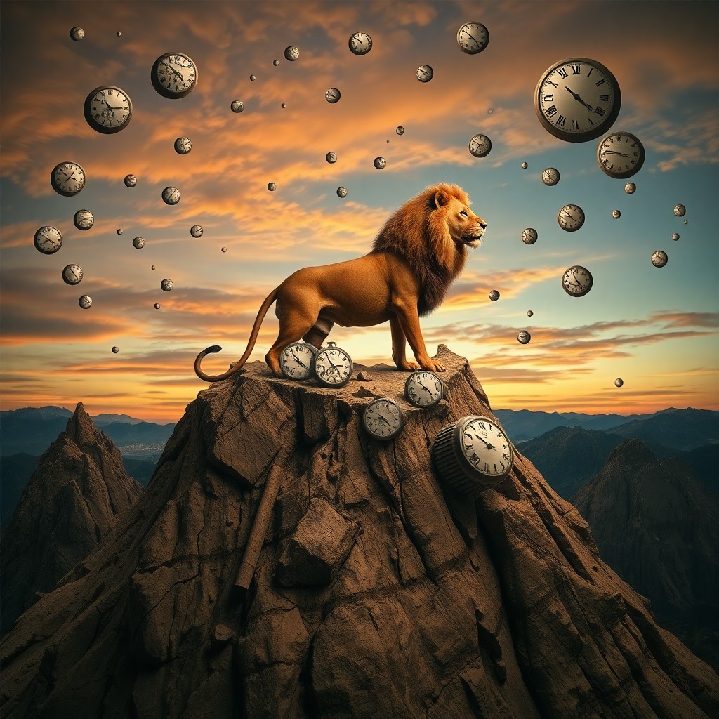 AI generated art for prompt: Craft an image embodying the surrealism reminiscent of Dali's dreamscapes, depicting a regal lion wi