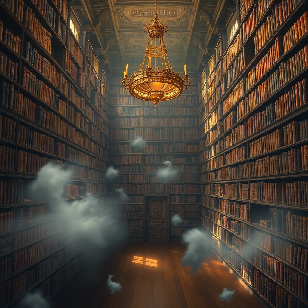 AI generated art for prompt: A dreamlike digital painting depicting an expansive library from an overhead perspective, showcasing