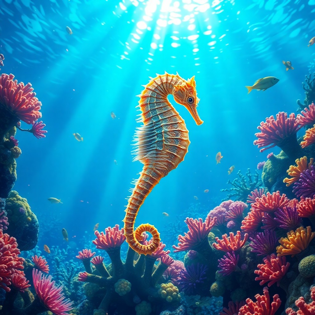 AI generated art for prompt: A mesmerizing digital artwork depicting an enchanting underwater realm from a seahorse's viewpoint. 