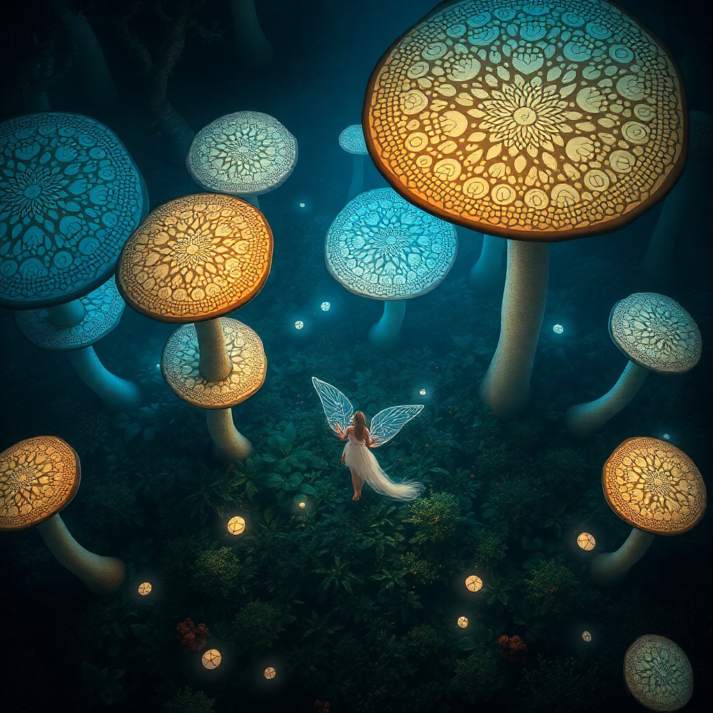 AI generated art for prompt: Imagine an aerial view of a whimsical forest, where oversized mushrooms with intricate patterns and 