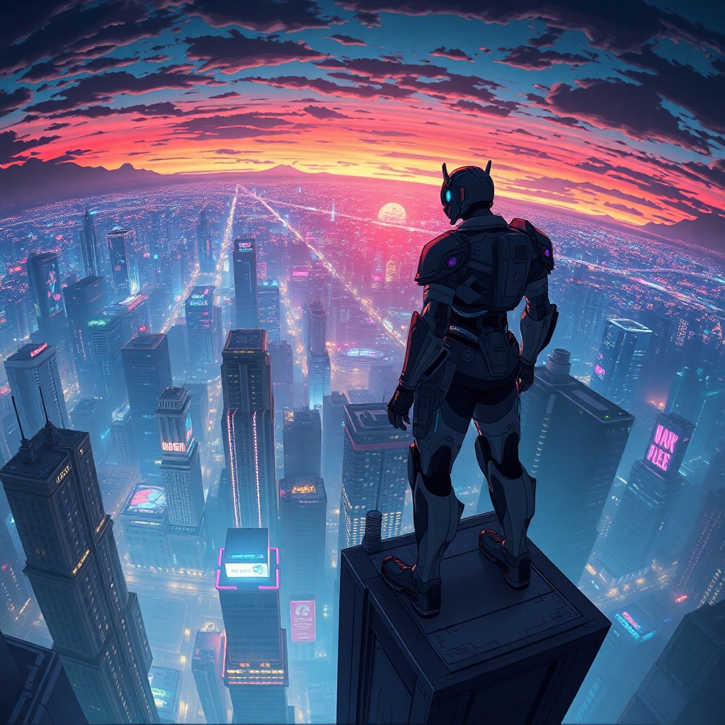 AI generated art for prompt: A captivating panoramic view showcases an advanced cyberpunk city at sunset from an insect-like pers