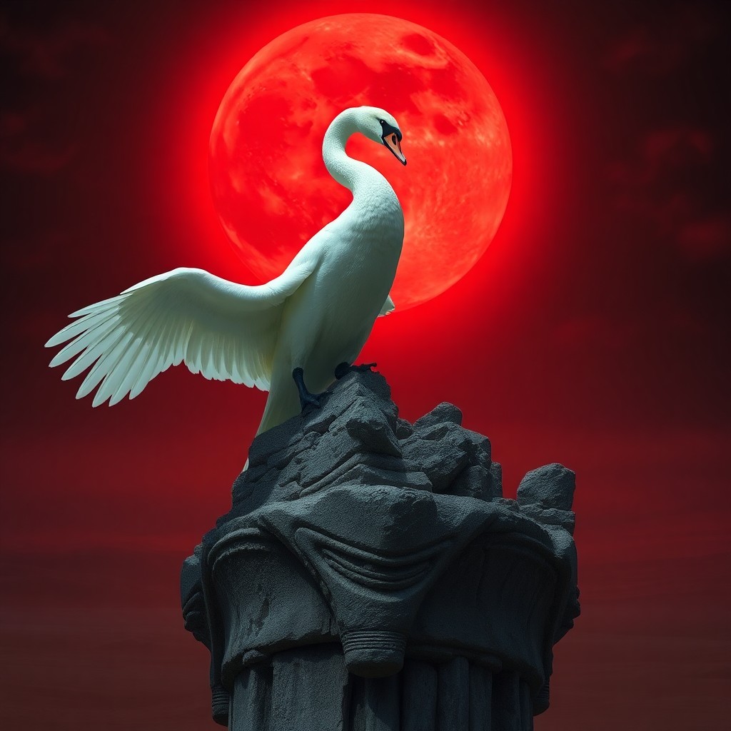 AI generated art for prompt: Create a surreal digital artwork featuring a majestic white swan gracefully perched atop an ancient 