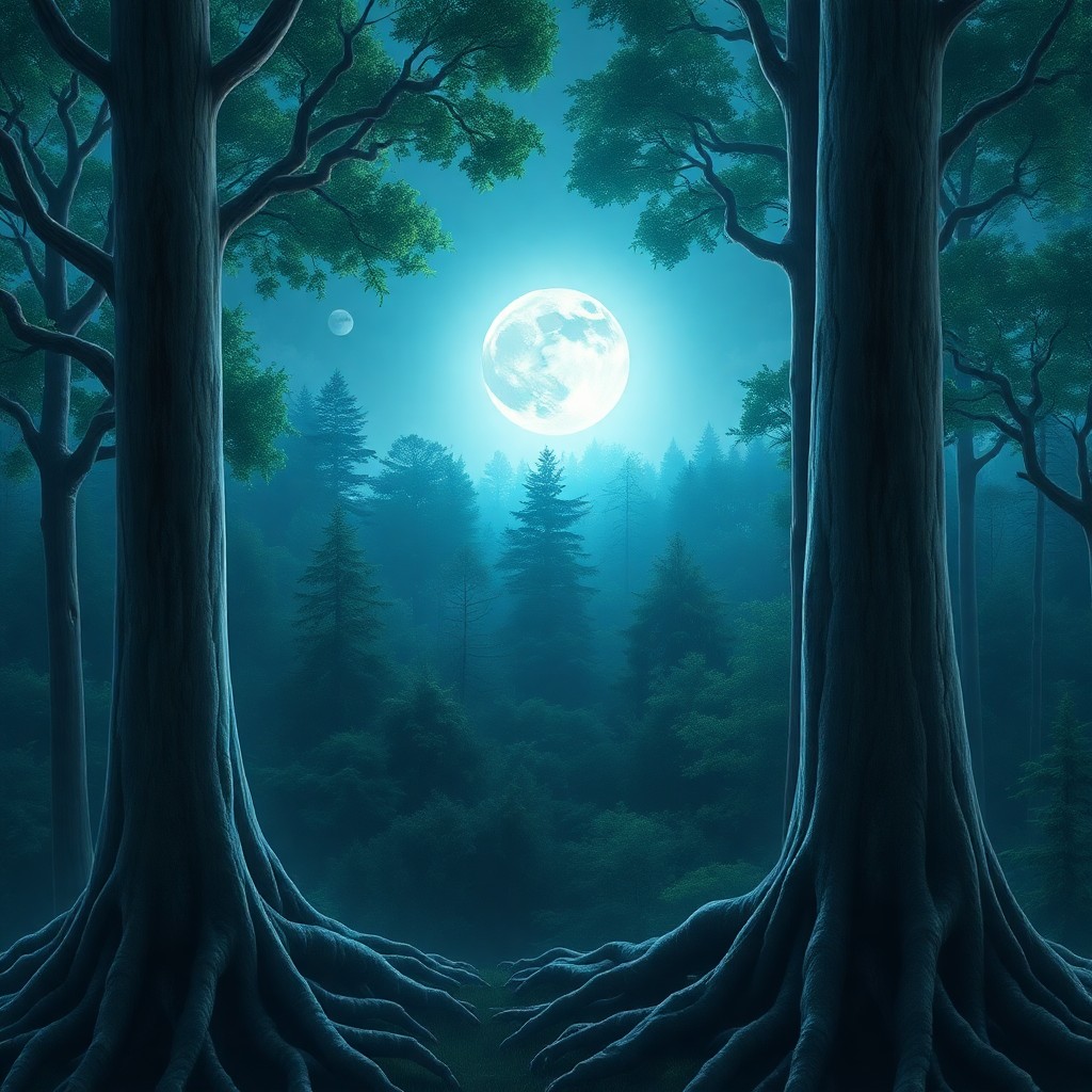 AI generated art for prompt: A sweeping digital artwork portrays a tranquil moonlit forest vista from an elevated vantage point, 