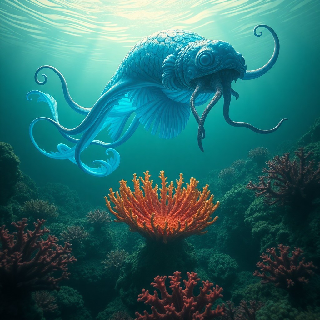 AI generated art for prompt: A mesmerizing digital artwork showcases an enigmatic underwater scene, characterized by surreal elem