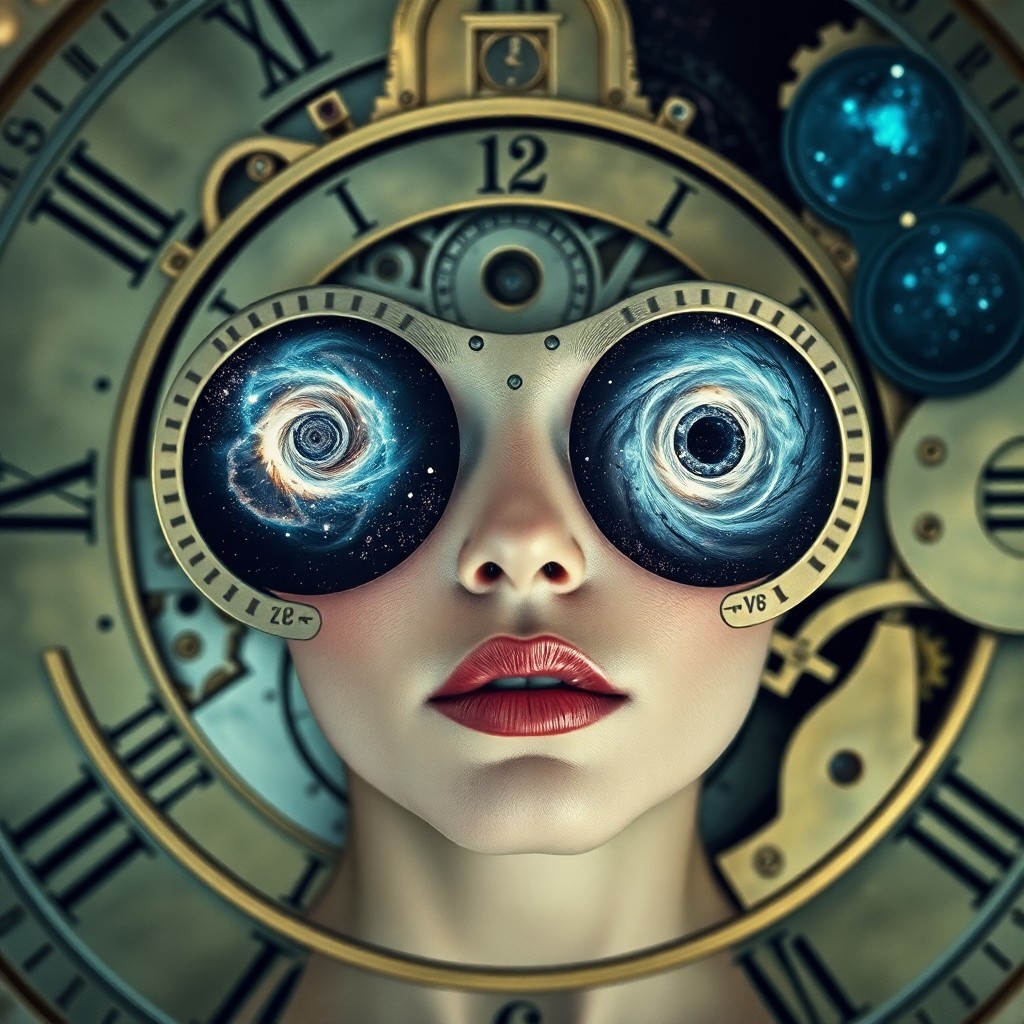 AI generated art for prompt: A surreal portrait showcases a woman's face emerging from an intricate clockwork system, captured in