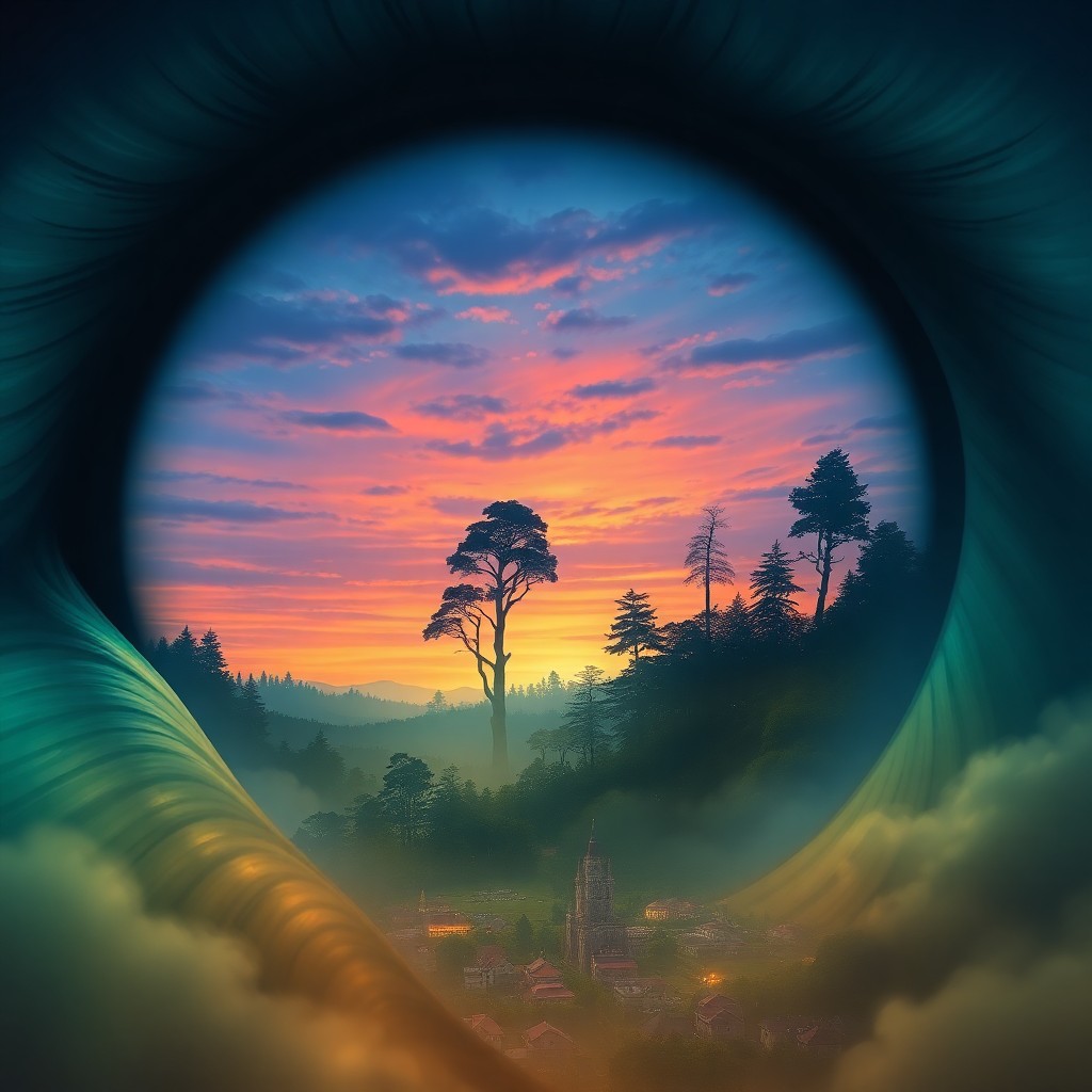 AI generated art for prompt: A dreamlike landscape emerges from within an enormous iris, inviting viewers to delve into its fanta