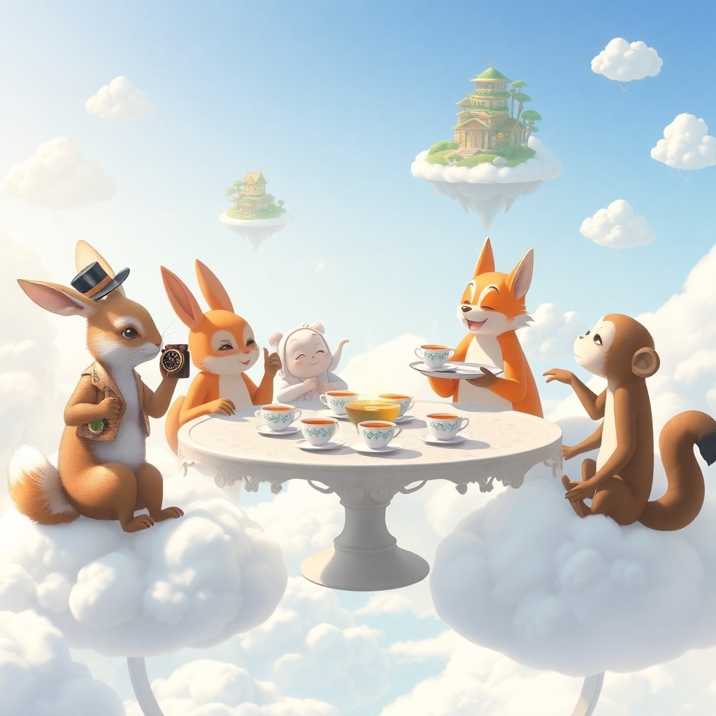 AI generated art for prompt: A mesmerizing digital artwork captures a whimsical tea gathering amidst floating islands in a tranqu