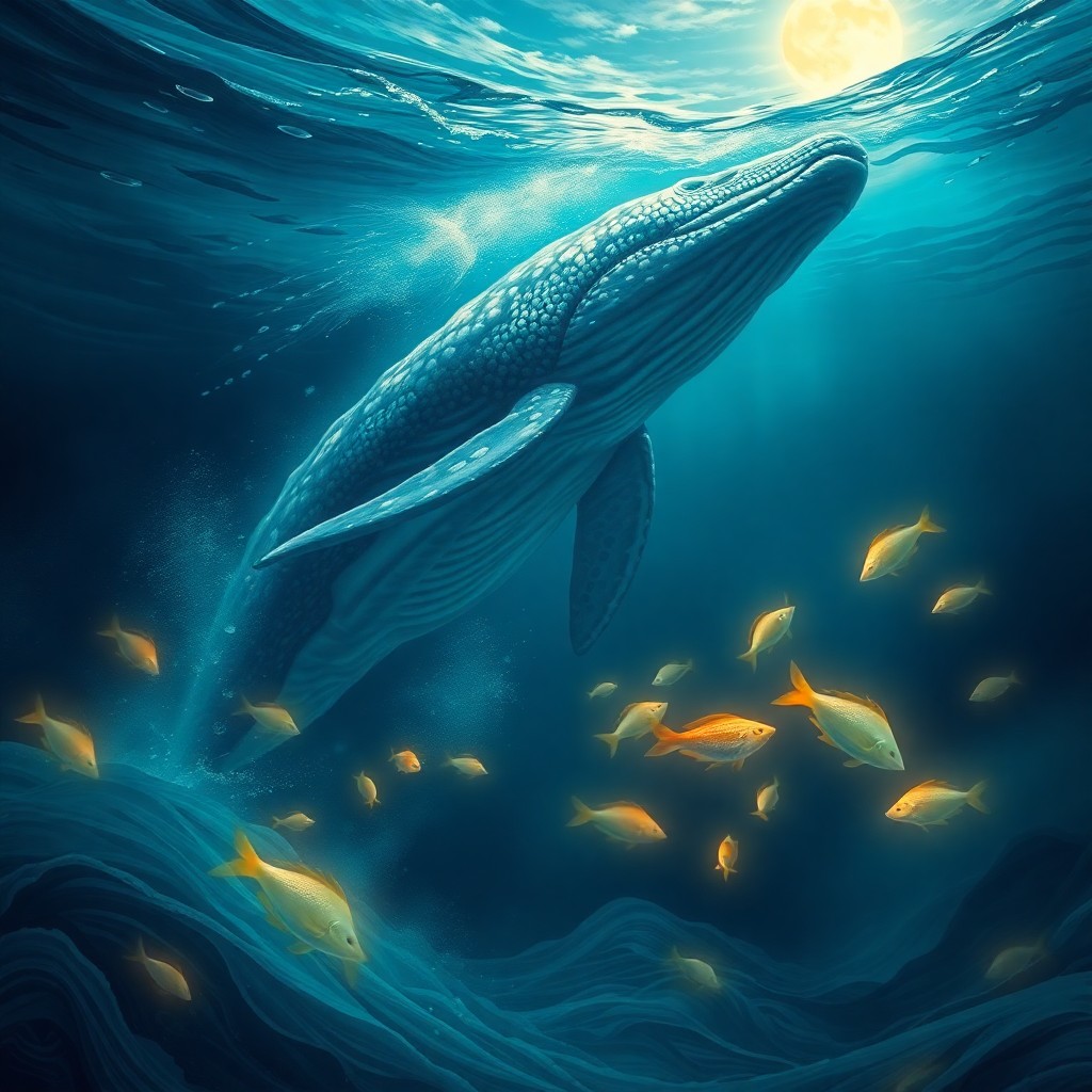 AI generated art for prompt: A surreal digital painting depicting an enchanting underwater scene, featuring a magnificent whale b