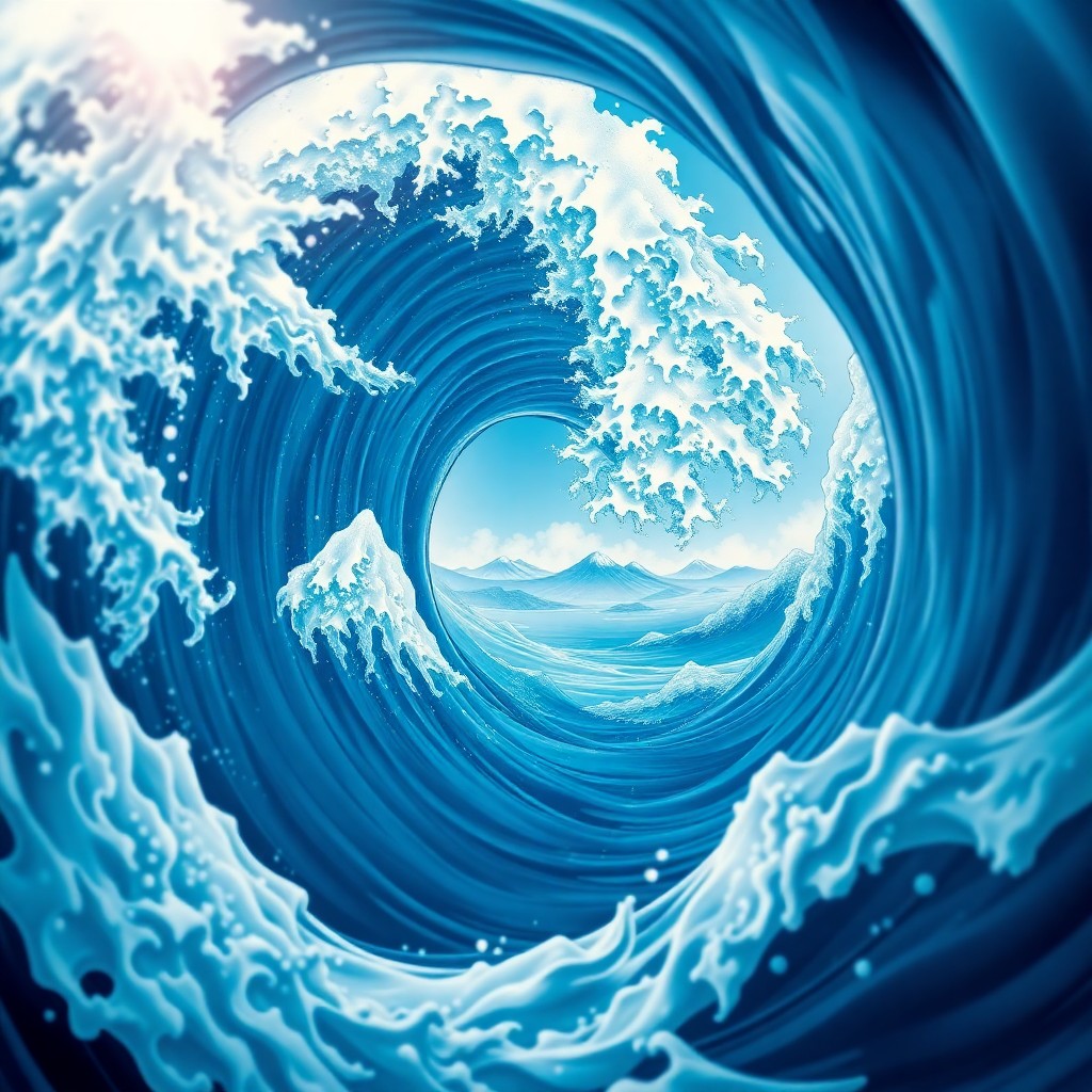 AI generated art for prompt: An awe-inspiring digital artwork reimagines Hokusai's iconic seascape from an unparalleled aerial pe