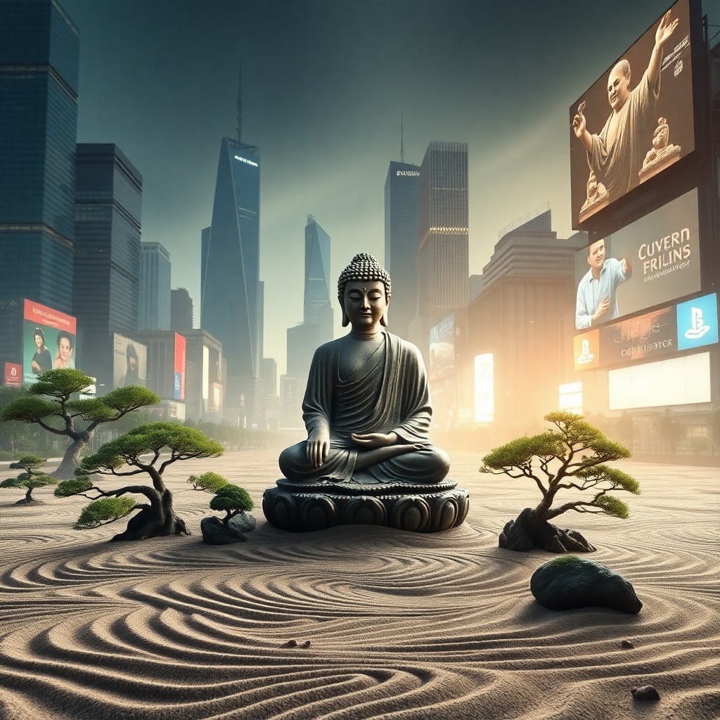 AI generated art for prompt: A surreal image showcases an artistic fusion of serene zen garden elements with a chaotic modern cit