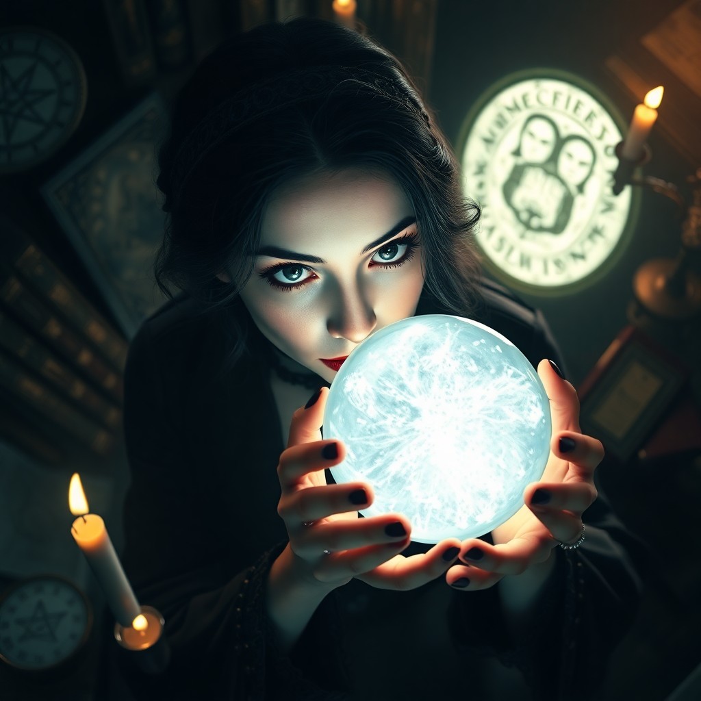 AI generated art for prompt: An alluring, photorealistic portrait reveals an enigmatic female fortune teller, her captivating gaz