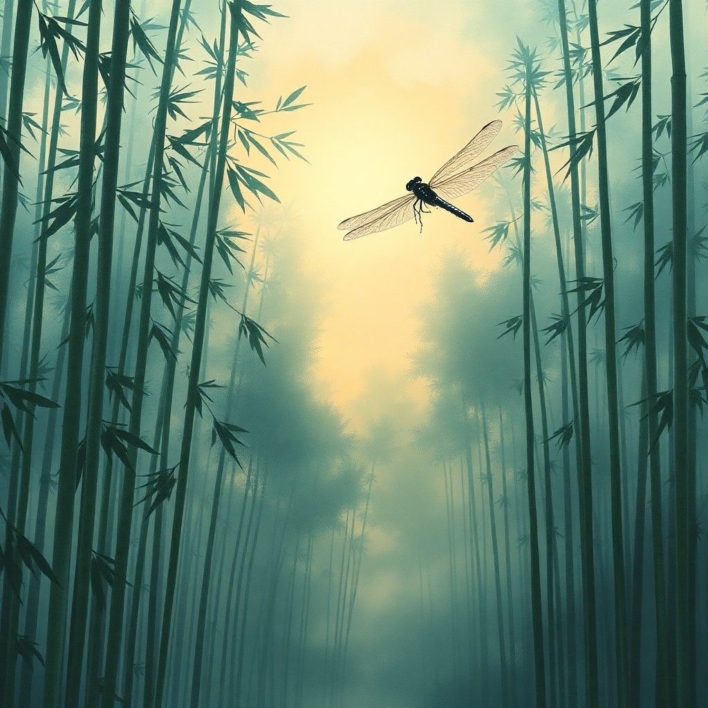 AI generated art for prompt: Envision an enchanting scene where a tranquil bamboo forest is enveloped in a gentle mist under the 