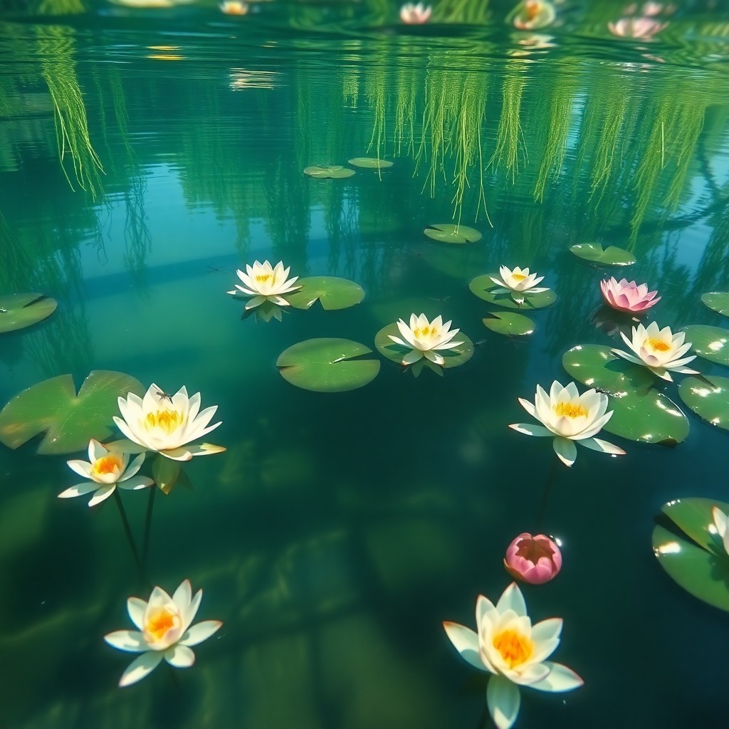 AI generated art for prompt: A serene aquatic garden, reminiscent of Monet's famed Water Lilies series, is depicted from an encha