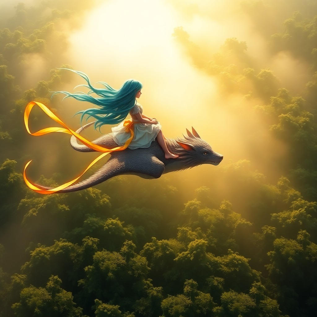 AI generated art for prompt: An enchanting scene unfolds as two companions embark on an aerial journey above a verdant forest can