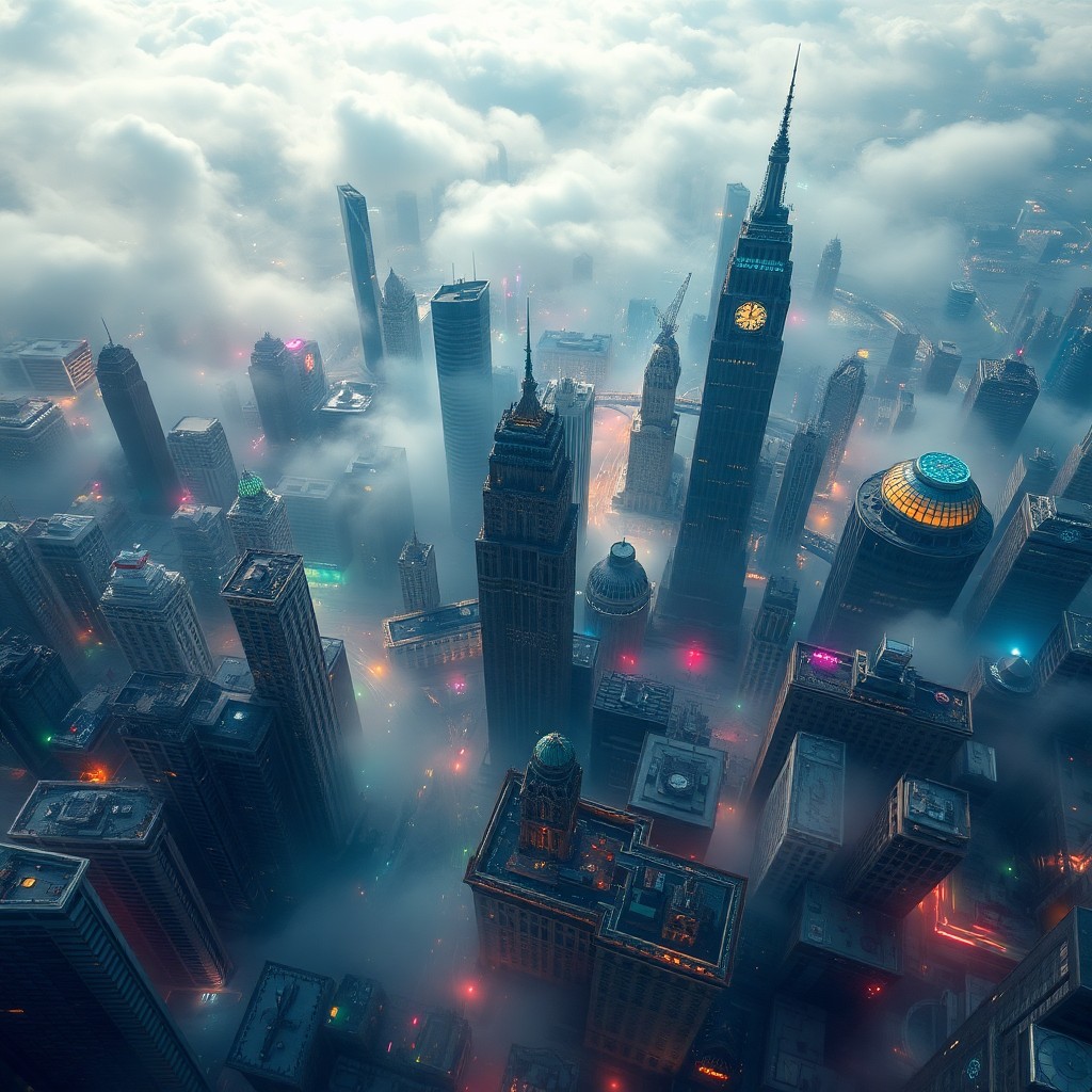 AI generated art for prompt: An aerial perspective unveils an enigmatic cityscape, where reality intertwines with dreamlike fanta