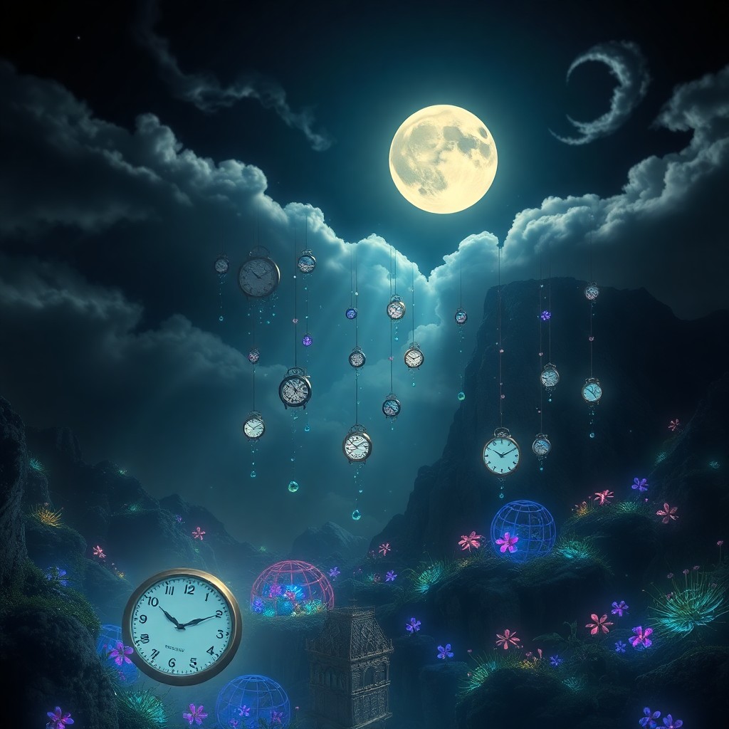 AI generated art for prompt: Create an image embodying enigmatic surrealism and whimsical dreamscapes, showcasing a moonlit night