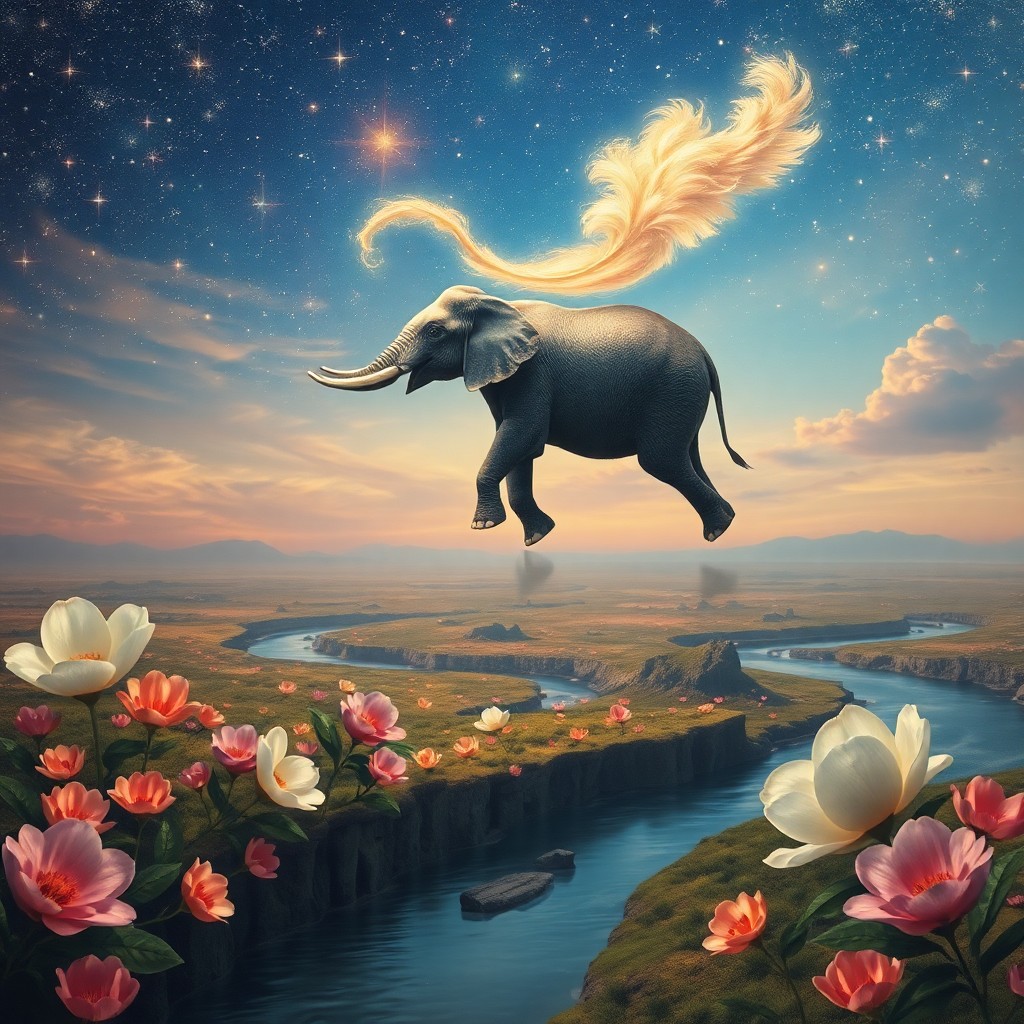 AI generated art for prompt: Envision a surreal dreamscape evoking the whimsy of Dali's paintings, depicting an airborne elephant