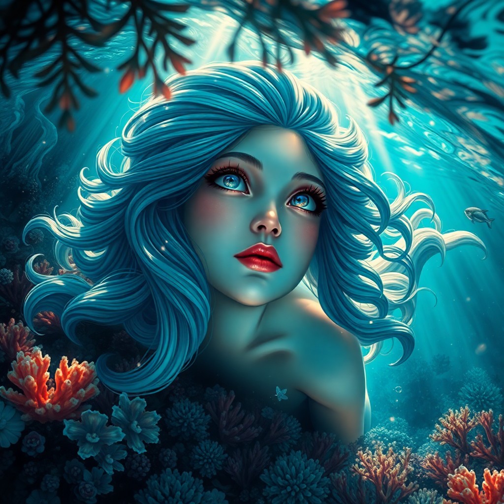 AI generated art for prompt: An enchanting portrait depicts a mythical sea creature in an idyllic underwater realm, blending the 