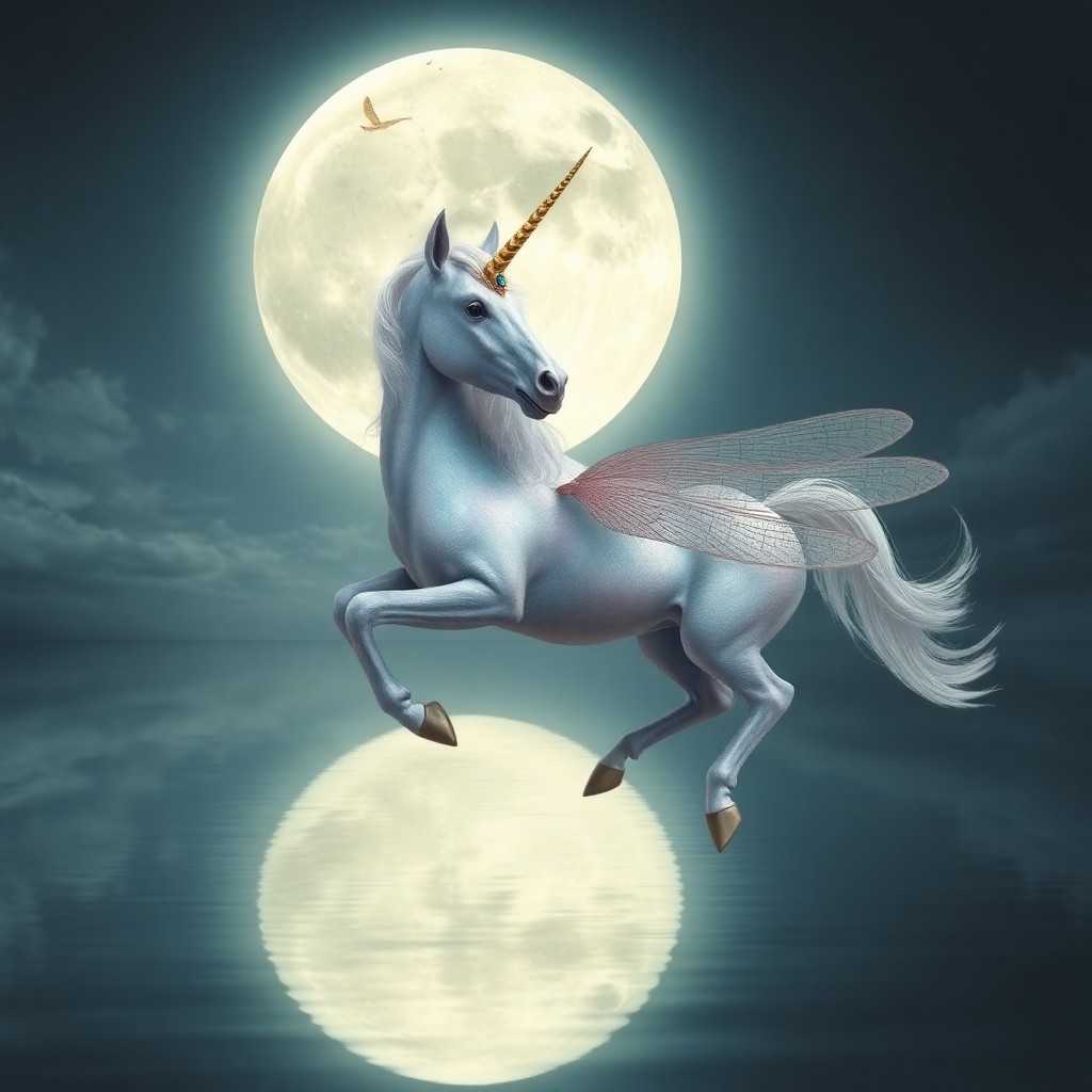 AI generated art for prompt: Create an enchanting dreamscape featuring a majestic unicorn floating above a tranquil lake, reflect