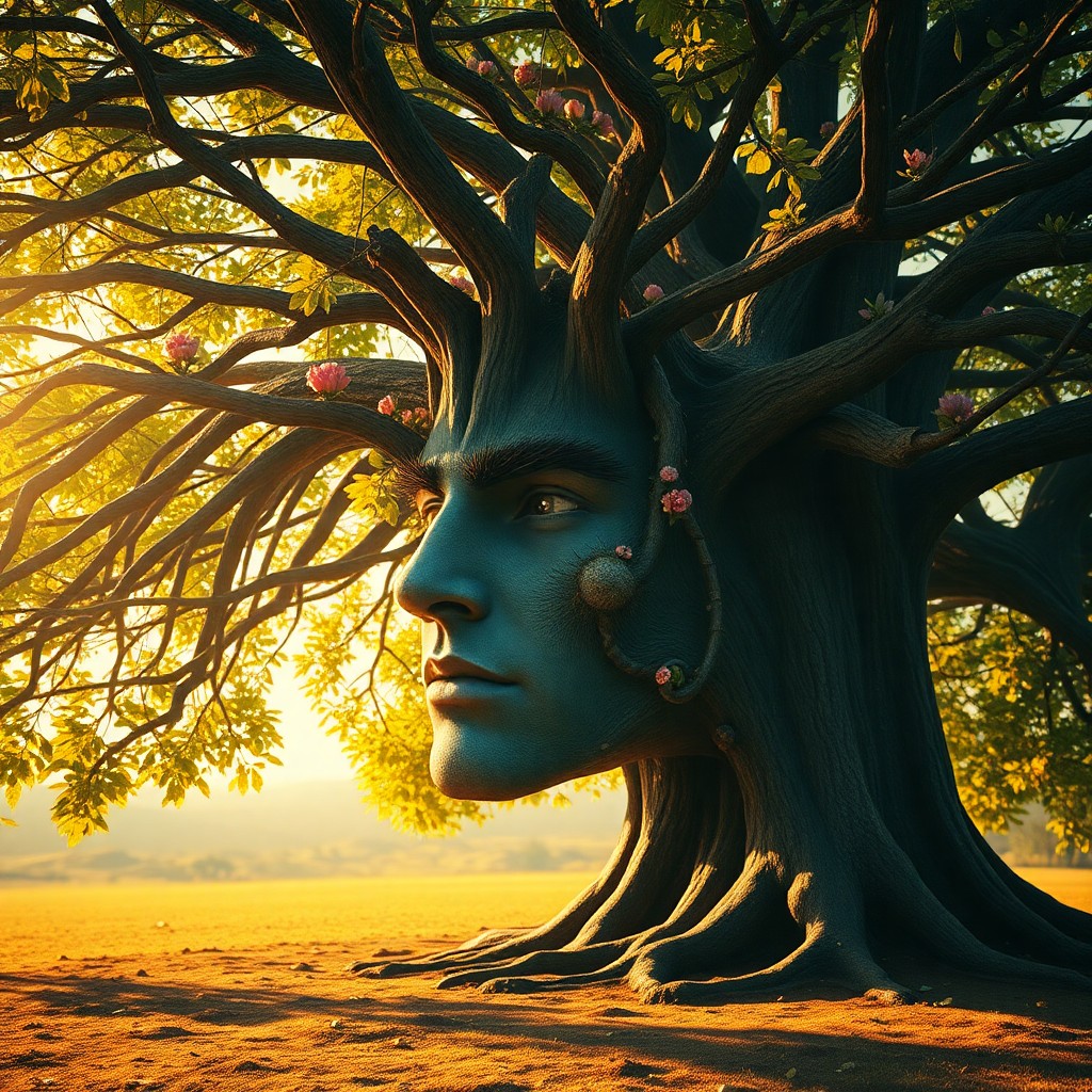 AI generated art for prompt: A surreal digital landscape captures the essence of an expansive tree with a complex human face emer